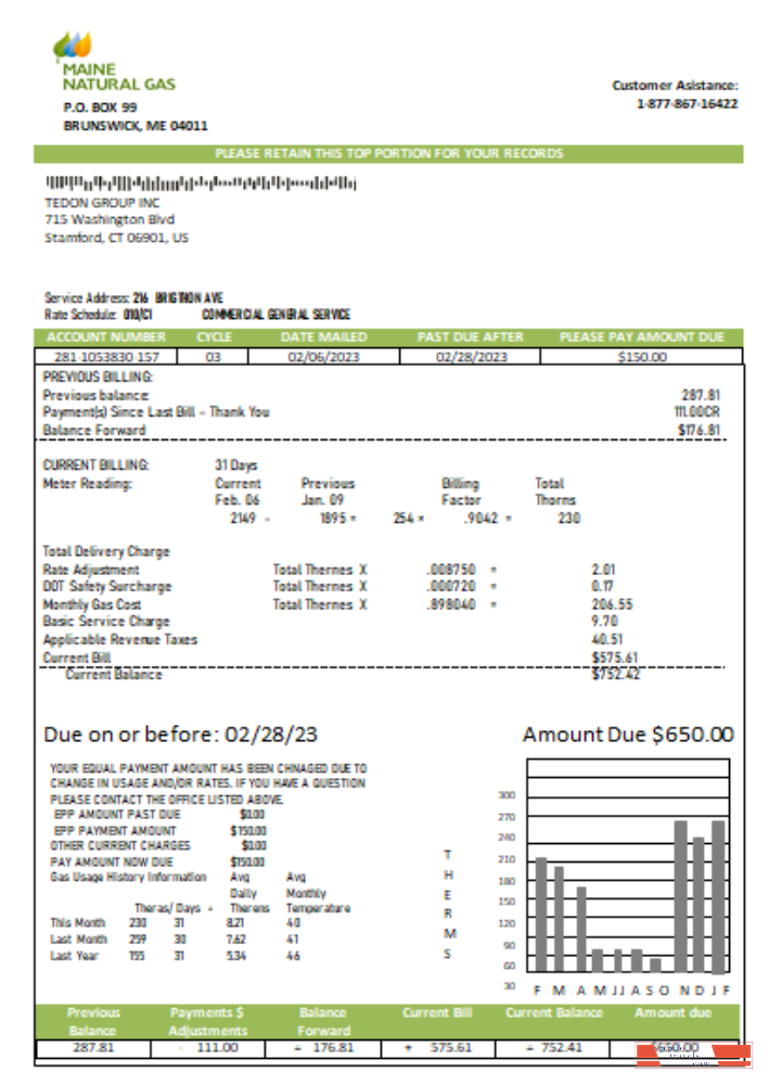 Maine Natural Gas Portland utility business bill,  SCR PSD template
